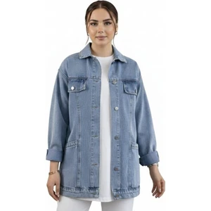 Kadın Cep Detaylı Denim Mavi Kot Ceket