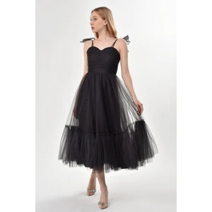 Omuzları Bağlamalı Renkli Tül Abiye Elbise