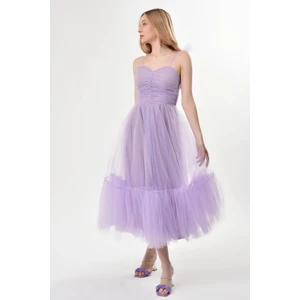 Omuzları Bağlamalı Renkli Tül Abiye Elbise