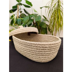 Jüt Hasır Sepet Oval Kapaklı Organizer 30X20