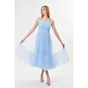 Omuzları Bağlamalı Renkli Tül Abiye Elbise