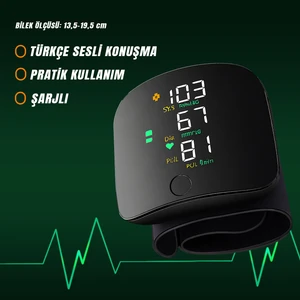 Türkçe Konuşan Bilek Tansiyon Aleti Tam Otomatik Tansiyon ve Nabız Ölçme Şarjlı Dijital Sesli  – Akıllı LCD Ekranlı, Hassas Ölçüm, Sesli Tansiyon Aleti, Ev Tipi Cihaz