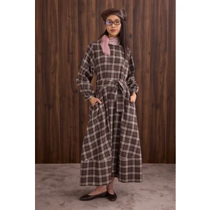 Volanlı Ekose Elbise Kahve