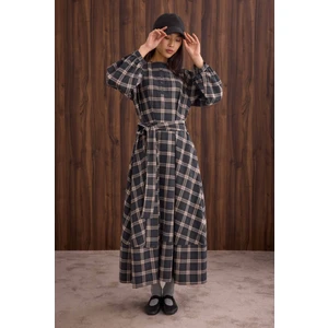 Volanlı Ekose Elbise Antrasit