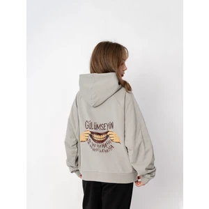 Unisex Oversize Kapüşonlu Baskılı Gülümseyin Sweatshirt