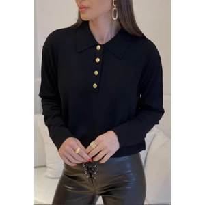 Kadın Watch Premium Doku Polo Yaka  Siyah Gold Düğmeli Triko Kazak