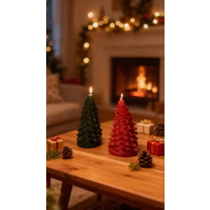 Shiny House 2’li Dekoratif Çam Ağacı Mum – 11X5 cm Kokusuz, Yılbaşı Süs Mum Seti