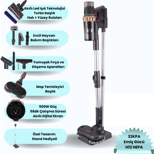 Vion Plus V11 H12 Hepa Mop Başlık Led Işıklı Turbo Başlık Dikey Süpürge