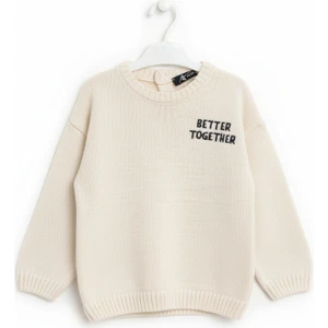 Imoop Design Kids Krem Bisiklet Yaka Nakışlı Düğmeli Triko Kazak