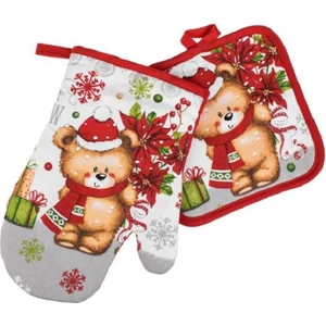 Gift Co Yılbaşı Fırın Eldiveni & Tutacak Seti 2 Parça Kırmızı “Sevimli Küçük Ayı” Tasarım  Mutfak Aksesuarı - Hediyelik - Premium Kalitede Ürün - Kırmızı Gri