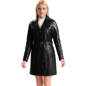 Derije Betty Hakiki Deri Kadın Siyah Trençkot