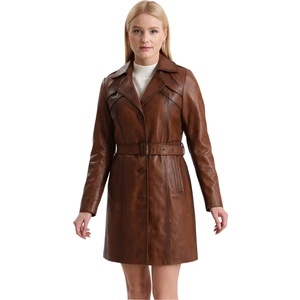 Derije Betty Hakiki Deri Kadın Taba Trençkot