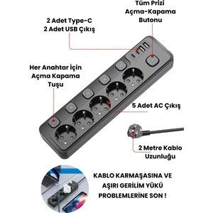 5 Priz + 4 USB (2 Type-C) Akım Korumalı Anahtarlı Uzatma Kablosu – 2 Metre