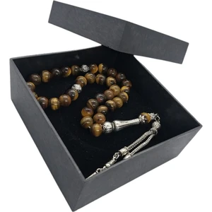 Seven Sleepers Dogal Taş Kaplan Gözü Tesbih,İkili Metal Püsküllü Tespih.Hediye Kutulu