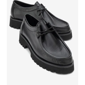 Talıa Siyah Cilt Hakiki Deri Bağcıklı Kadın Loafer Ayakkabı