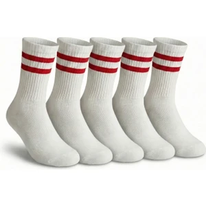 Kadın Beyaz - Kırmızı Çift Çizgili Soket Çorap 5’li Paket