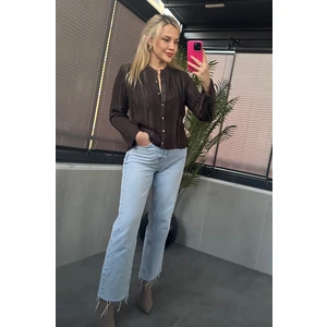 Mir Store Simli Ince Dokuma Detaylı Kahverengi Triko Hırka