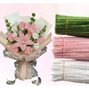 3'lü Set Pastel Pembe (50) , Beyaz (25) , Ordu Yeşili (25) Şönil , Çiçek Yapımına Uygun Tüylü Tel