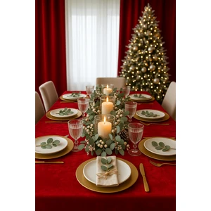 Demor Home Kadife Dokulu Saltanat Kırmızısı Masa Örtüsü