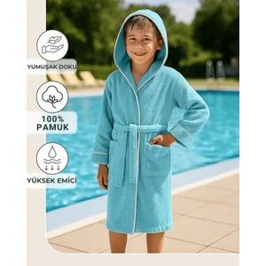 Çocuk Bornoz 5-6 Yaş | %100 Pamuklu-Turkuaz-Yumuşak Doku-Kapüşonlu-Cepli-Biyeli
