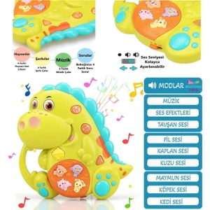 Brother Toys Hayvan Sesli Işıklı Müzikli Eğitici Çok Fonksiyonlu Bebek ve Çocuk Dinozor Dinazor Piyano 16 Cm.