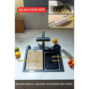 Şelale Musluklu Eviye Seti, Pvd Kaplama, 4 Fonksiyonlu Başlık, Bardak Yıkama, Süzgeç, Sabunluk