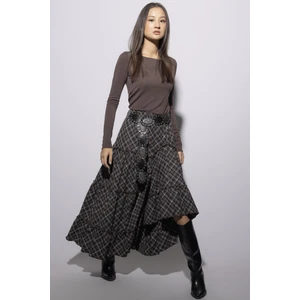 Fırfırlı Volanlı Ekose Etek Kahve 7067