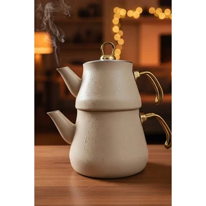 Yunusoğlu Home Granit Kaplama Krem Çaydanlık Altın Kulplu Cam Kapaklı 2,30 lt Alt Demlik 1,20 lt