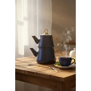 YUNUSOĞLU HOME Granit Kaplama Gold Kulplu Cam Kapak Çaydanlık Mavi 2,3 Litre