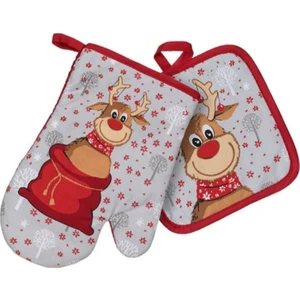 Yılbaşı Özel Ren Geyiği Temalı Fırın Eldiveni Seti Kırmızı 35X40 cm