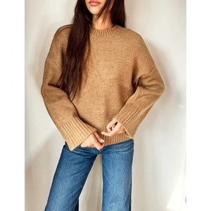 Kadın Bisiklet Yaka Oversize Triko Kazak Camel