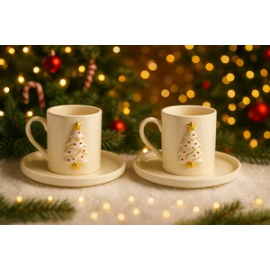 Miras Home Beyaz Çam Ağacı Aksesuarlı 2 Kişilik Porselen Kahve Seti