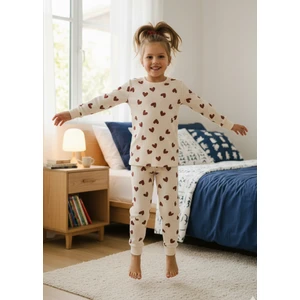 Bunny Hopp Kız Çocuk Kalp Desenli %100 Pamuk Fitilli Interlok Manşetli Uzun Kollu Pijama Takımı