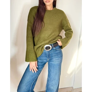 Azimut Giyim Kadın Bisiklet Yaka Oversize Triko Kazak Yeşil- Olive Green- Yağ Yeşili