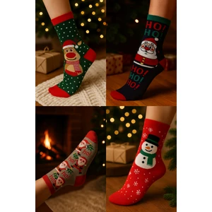 Unisex Yılbaşı Desenli 4'lü Paket Renkli Soket Çorap Christmas Happy New Year
