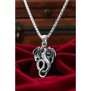 Ak Store Silver Erkek, Uçan Ejderha Dragon Figürlü K-111 Paslanmaz Kromix Çelik Gümüş Kaplama Kolye Madalyon