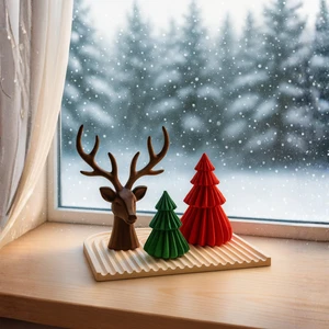 Nevhan Sanat El Yapımı Yılbaşı Dekor Seti – Geyik, Büyük & Küçük Çam Ağaçları ve 22×22 Sunum Tepsisi (4 Parça)