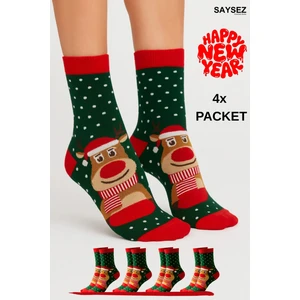 Unisex Yılbaşı Desenli 4'lü Paket Renkli Soket Çorap Christmas Happy New Year