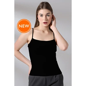 Kadın Siyah Ultra Soft Basic Ip Askılı Bluz Esnek Penye Kare Yaka Klasik Model