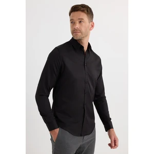 Slim Fit Uzun Kollu Kolay Ütü Teri Emen Nefes Alan Doku Kravatlık Dört Mevsim Siyah Erkek Gömlek