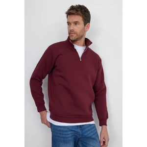 Unisex Relax Fit Rahat Kesim Pamuklu İçi Polarlı Yarım Fermuarlı Bordo Dik Yaka Sweatshirt
