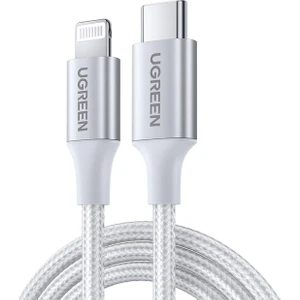 UGREEN USB-C - Lightning 3A PD MFi Sertifikalı Örgülü Hızlı Şarj Kablosu, 1 m, Gümüş, 70523
