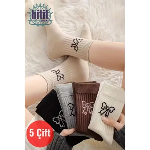 Hitit Socks Kadın 5 Çift Premium Kalite Kurdele Desenli Günlük Kullanıma Uygun Kolej Çorap