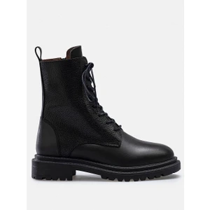 Siyah Hakiki Deri Fermuarlı Bağcıklı Kadın Bot