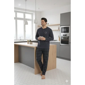 Sude Homewear Ercan Erkek Alt Kareli Üst Yaka Düğmeli Koyu Gri Pjm Tkm