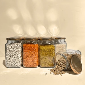 Home 12'li 850 ml Köşeli Cam Kavanoz Seti - Bronz Kapaklı