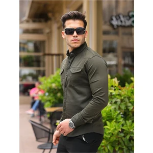 Erkek Slim Fit Cepli Basic Uzun Kol Haki Kot Gömlek