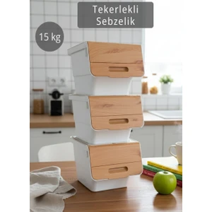 Jet’s Home 3’lü Tekerlekli Sebzelik Patates Soğan Sepeti Soğanlık Organizer Kutu Bambu Beyaz Desen 36 Lt