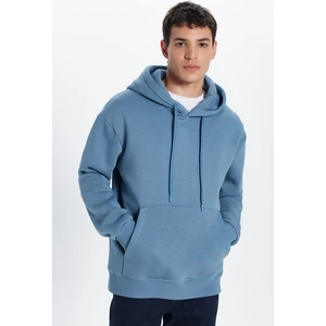 Unisex Oversize Geniş Kesim Pamuklu Yumuşak Dokulu İçi Polarlı Basic İndigo Kapüşonlu Sweatshirt