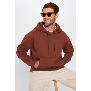 Unisex Oversize Geniş Kesim Pamuklu Yumuşak Dokulu İçi Polarlı Basic Kahverengi Kapüşonlu Sweatshirt